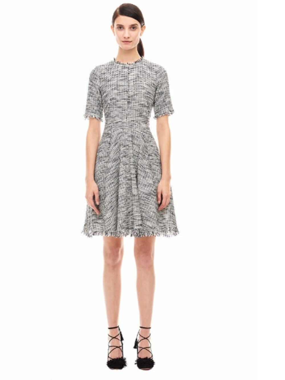 REBECCA TAYLOR Short-Sleeve Fringe-Trim Boucle Tweed Fit & Flare Dress // 8